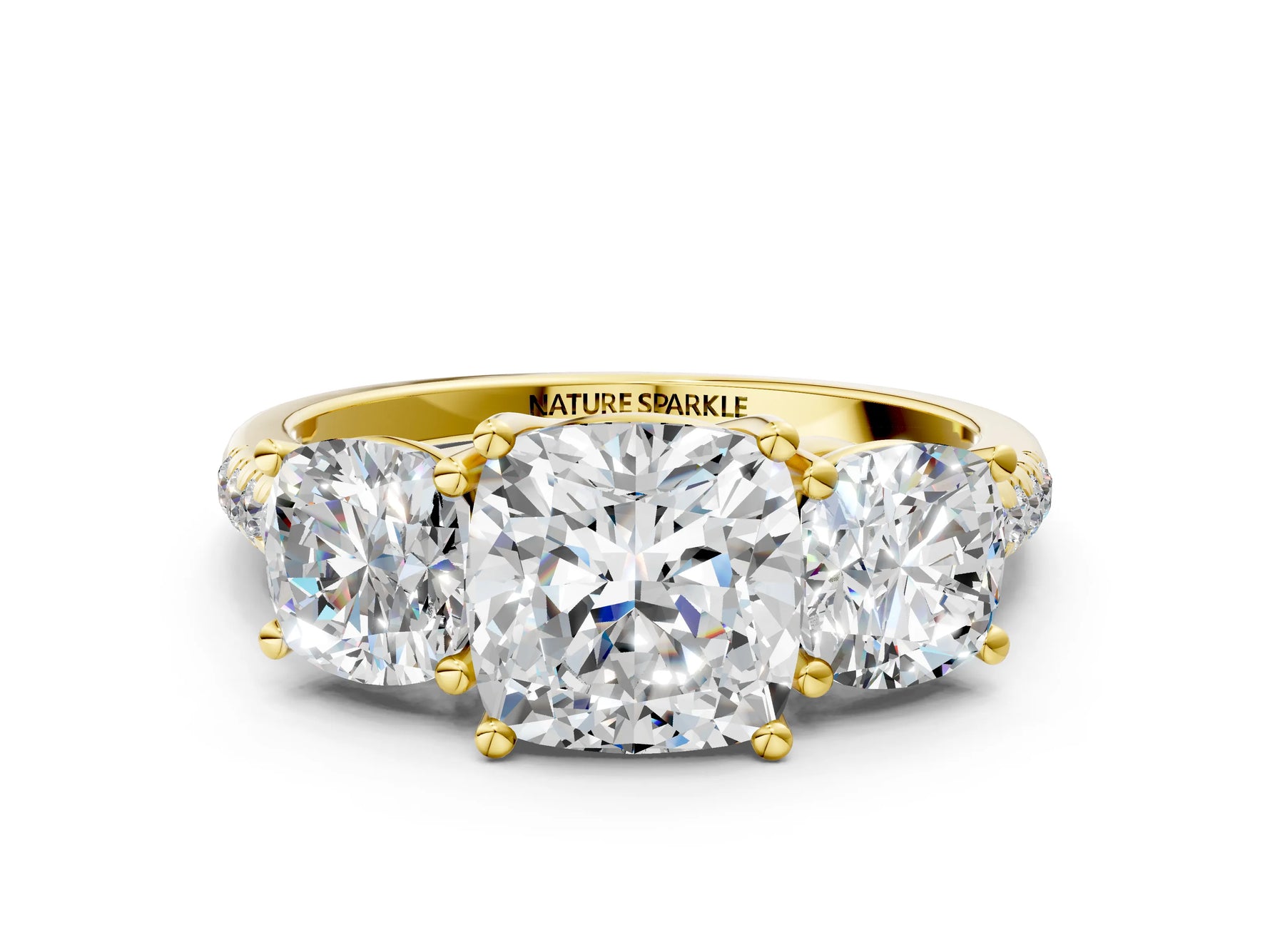 Cushion Cut Diamond Trellis Three-Stone Engagement Ring in Yellow gold with Round Side Stones_18