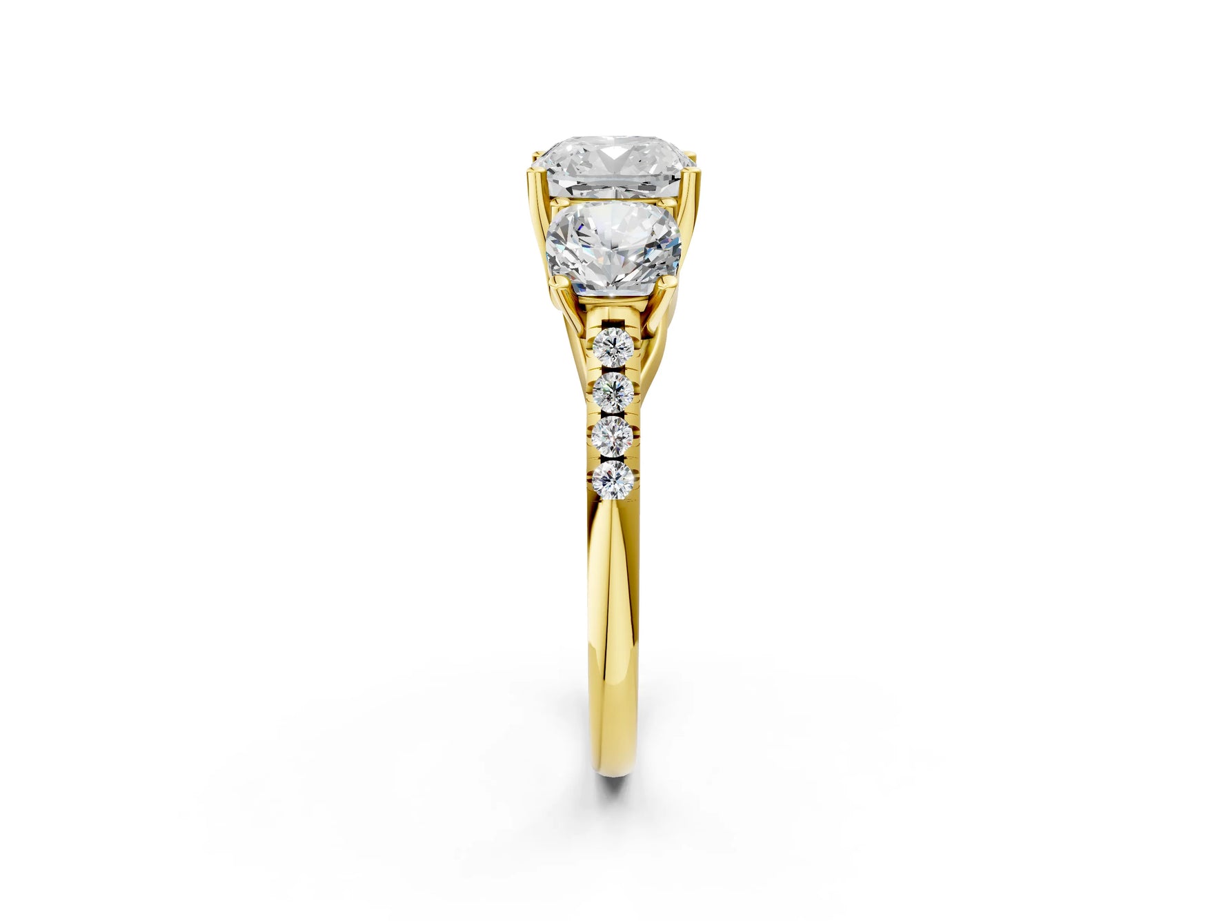Cushion Cut Diamond Trellis Three-Stone Engagement Ring in Yellow gold with Round Side Stones_20