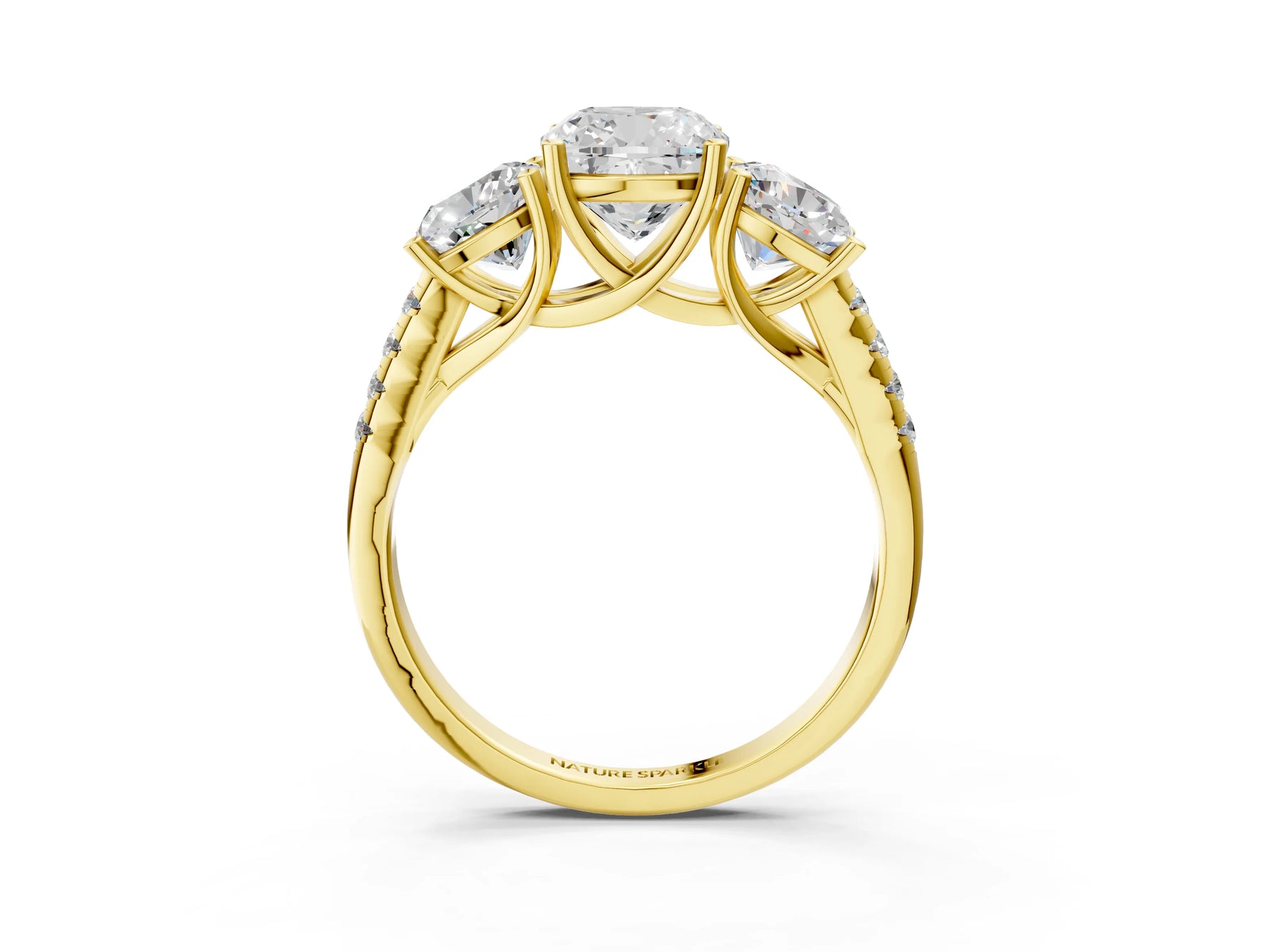 Cushion Cut Diamond Trellis Three-Stone Engagement Ring in Yellow gold with Round Side Stones_21