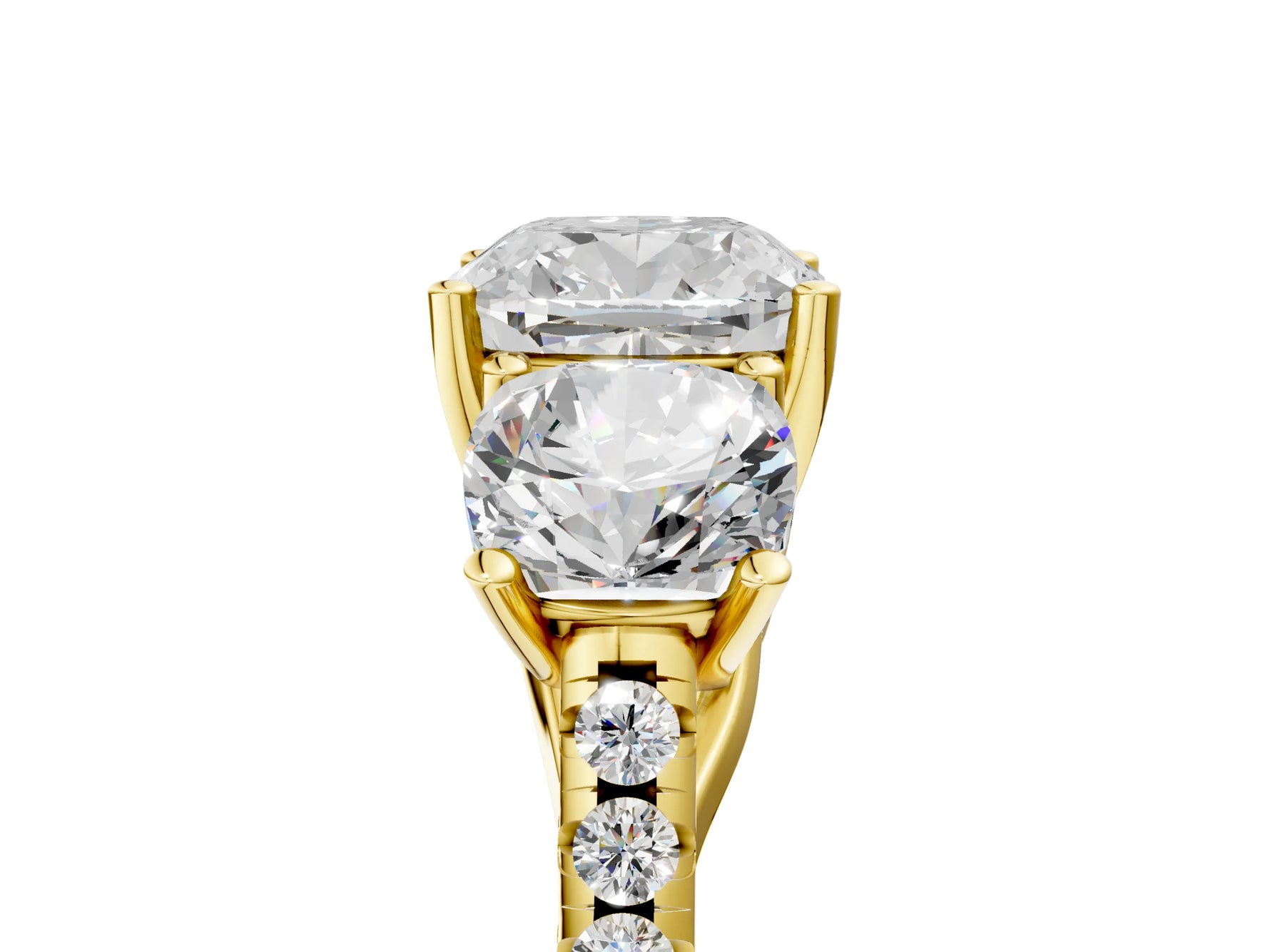 Cushion Cut Diamond Trellis Three-Stone Engagement Ring in Yellow gold with Round Side Stones_23