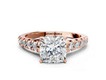 Cushion Cut Diamond Vintage Scroll Solitaire Ring in Rose gold with Graduated Round Side Stones_12