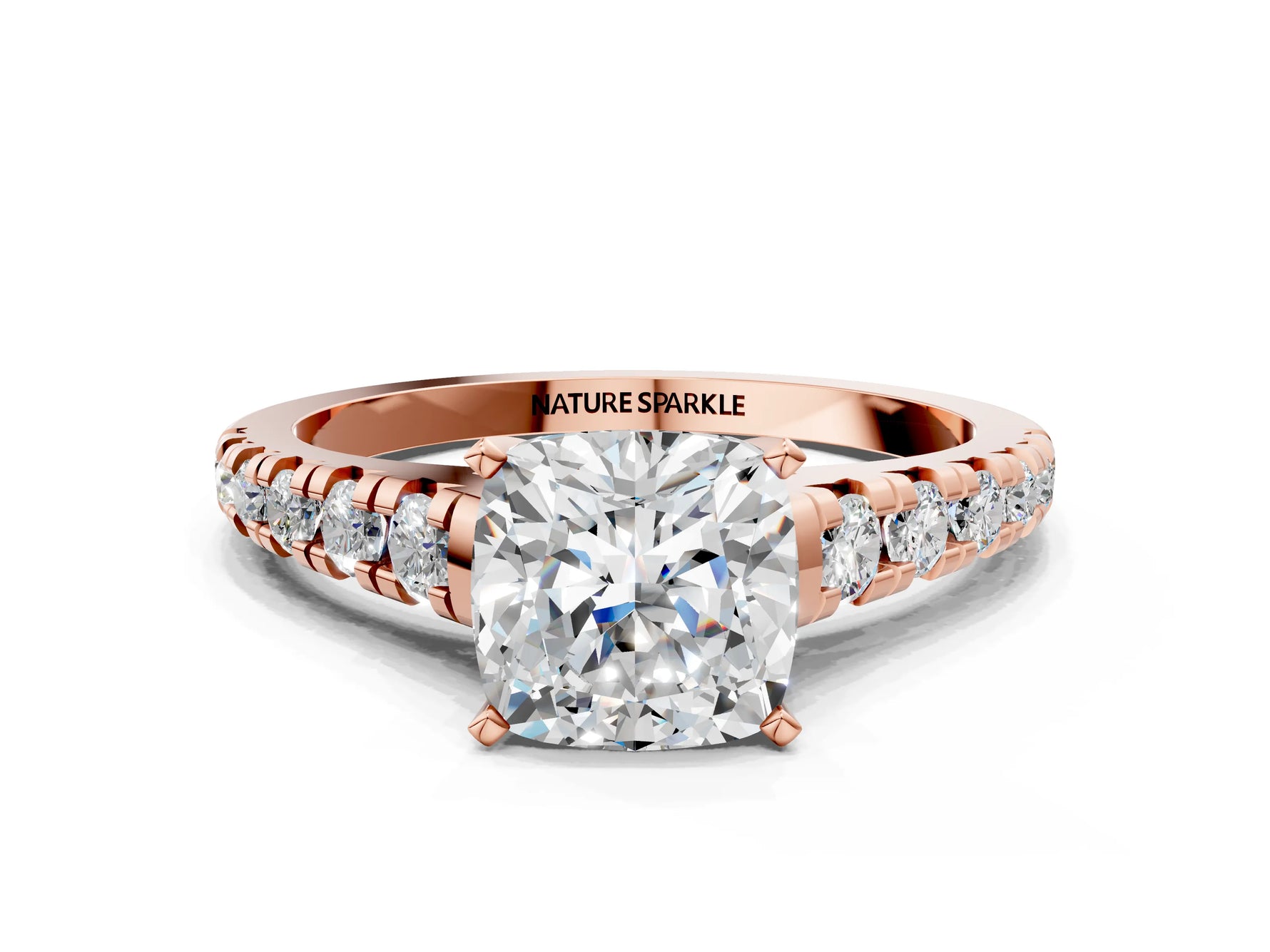 Cushion Cut Diamond Vintage Scroll Solitaire Ring in Rose gold with Graduated Round Side Stones_12
