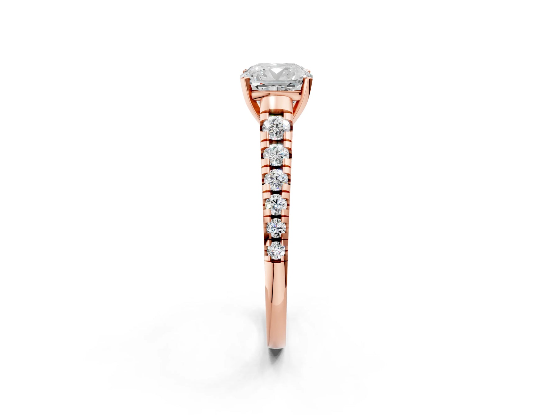 Cushion Cut Diamond Vintage Scroll Solitaire Ring in Rose gold with Graduated Round Side Stones_14