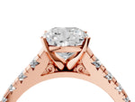 Cushion Cut Diamond Vintage Scroll Solitaire Ring in Rose gold with Graduated Round Side Stones_16