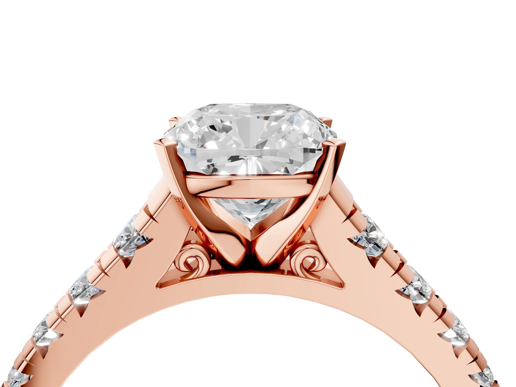 Cushion Cut Diamond Vintage Scroll Solitaire Ring in Rose gold with Graduated Round Side Stones_16
