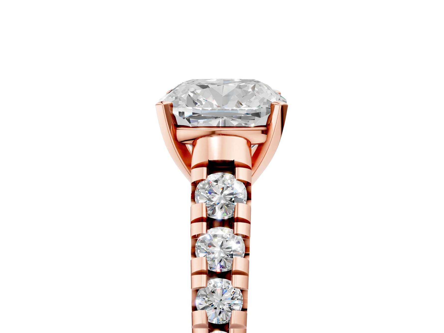 Cushion Cut Diamond Vintage Scroll Solitaire Ring in Rose gold with Graduated Round Side Stones_17