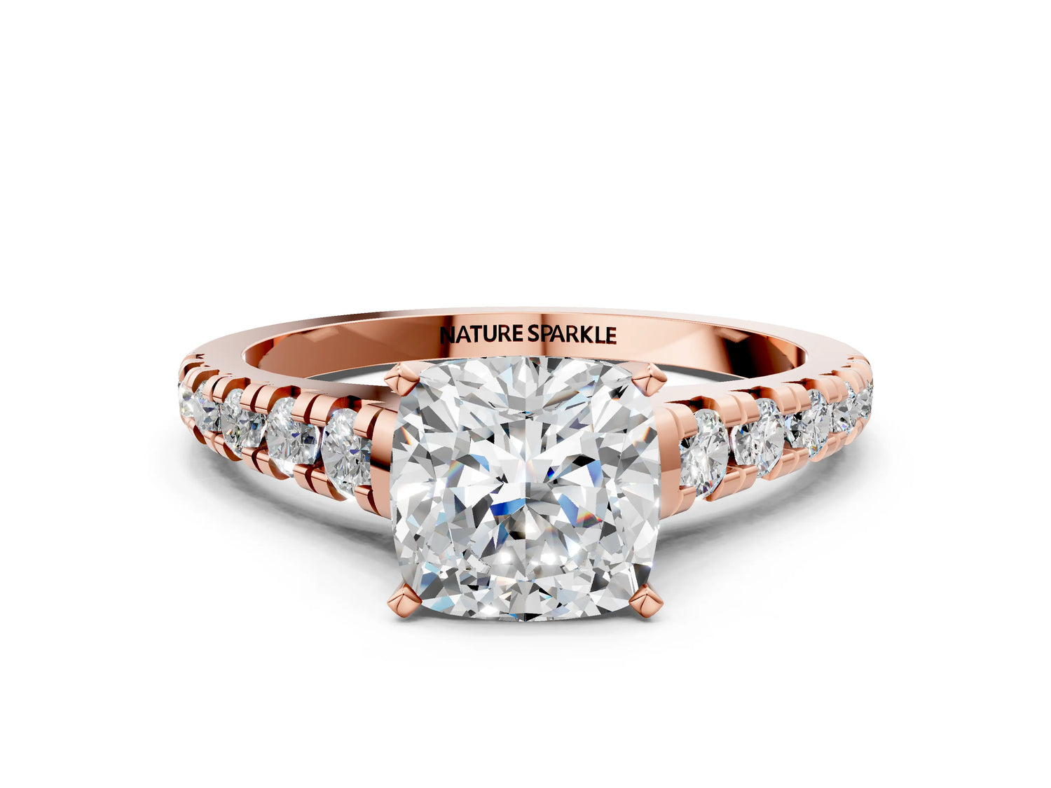 Cushion Cut Diamond Vintage Scroll Solitaire Ring in Rose gold with Graduated Round Side Stones_24