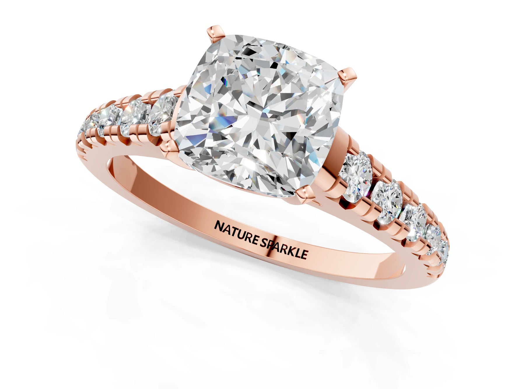 Cushion Cut Diamond Vintage Scroll Solitaire Ring in Rose gold with Graduated Round Side Stones_25