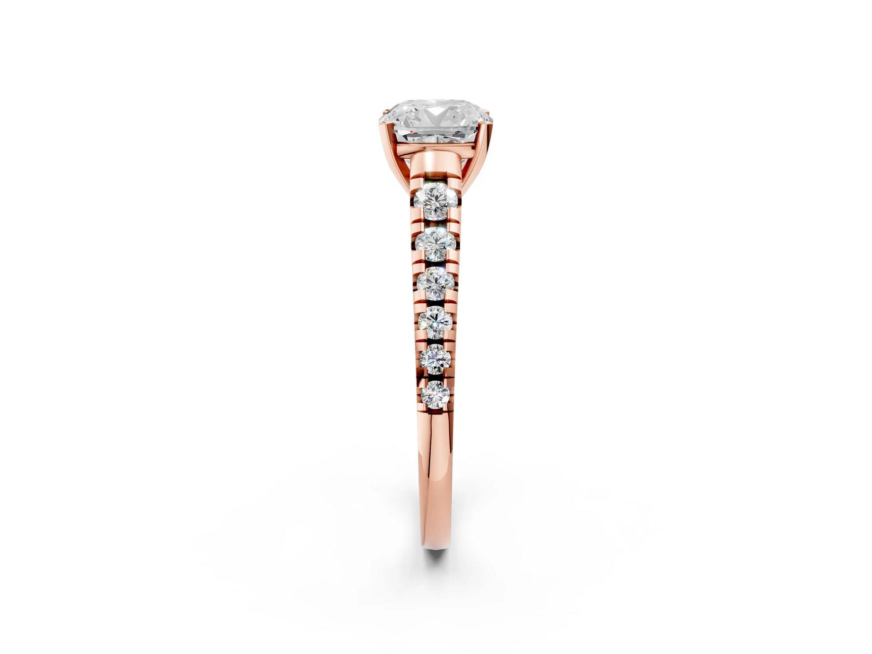 Cushion Cut Diamond Vintage Scroll Solitaire Ring in Rose gold with Graduated Round Side Stones_26