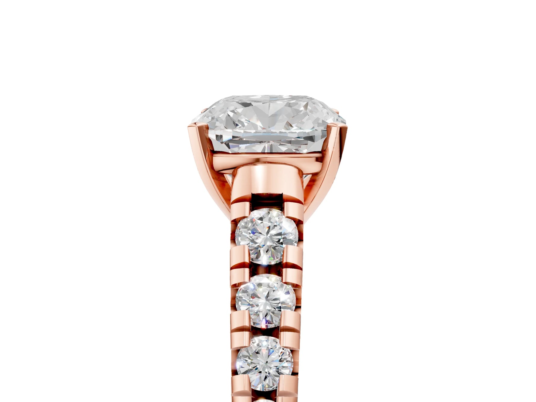 Cushion Cut Diamond Vintage Scroll Solitaire Ring in Rose gold with Graduated Round Side Stones_29