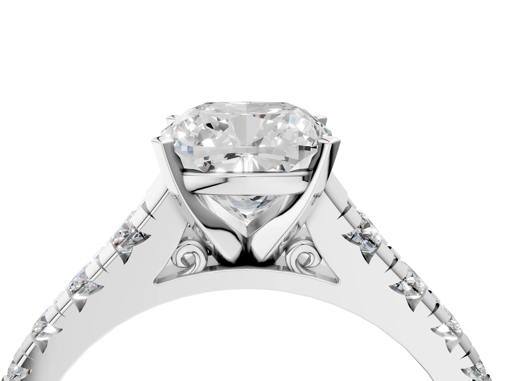 Cushion Cut Diamond Vintage Scroll Solitaire Ring in White gold with Graduated Round Side Stones_10