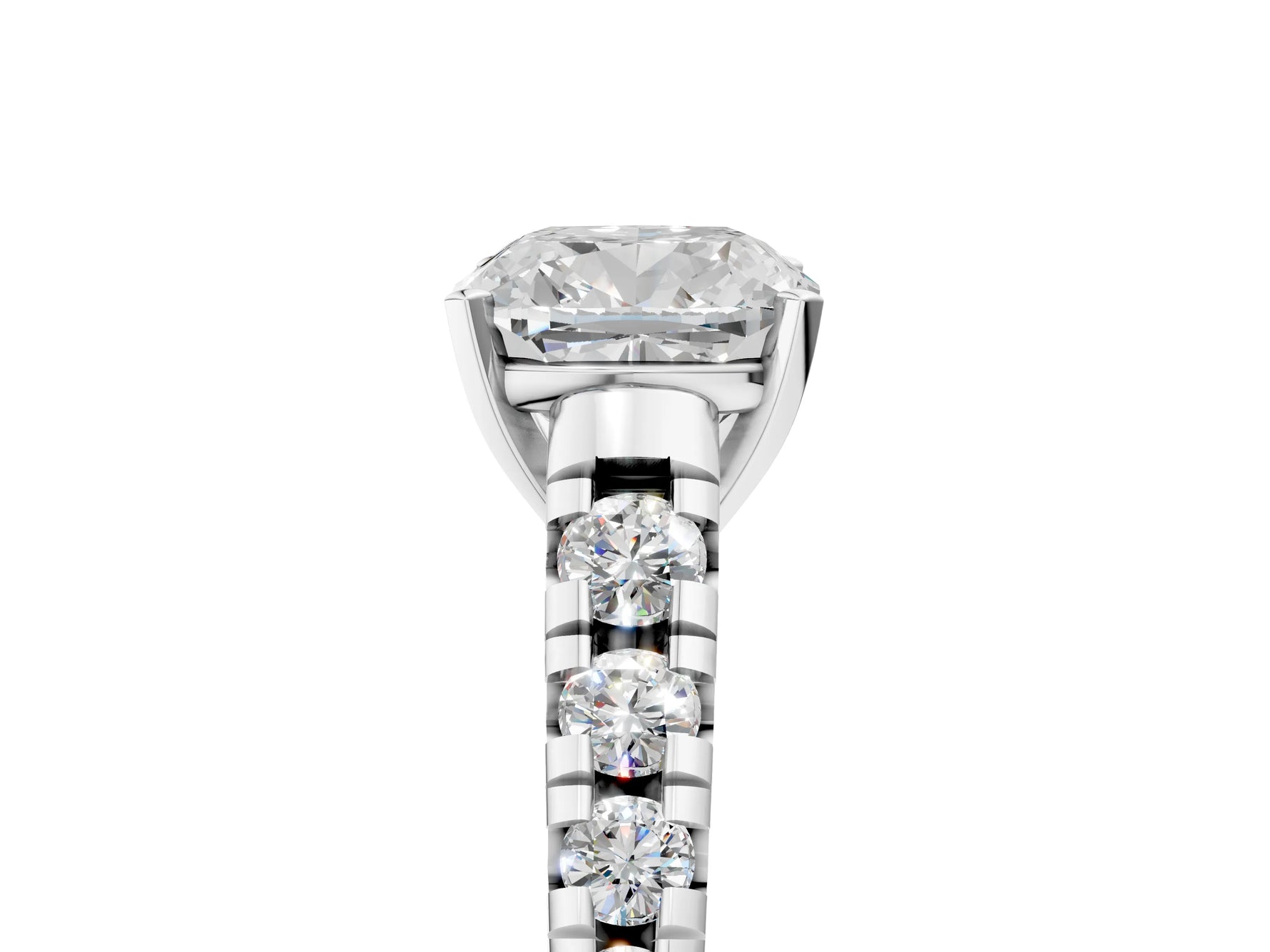 Cushion Cut Diamond Vintage Scroll Solitaire Ring in White gold with Graduated Round Side Stones_11