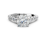 Cushion Cut Diamond Vintage Scroll Solitaire Ring in White gold with Graduated Round Side Stones_18