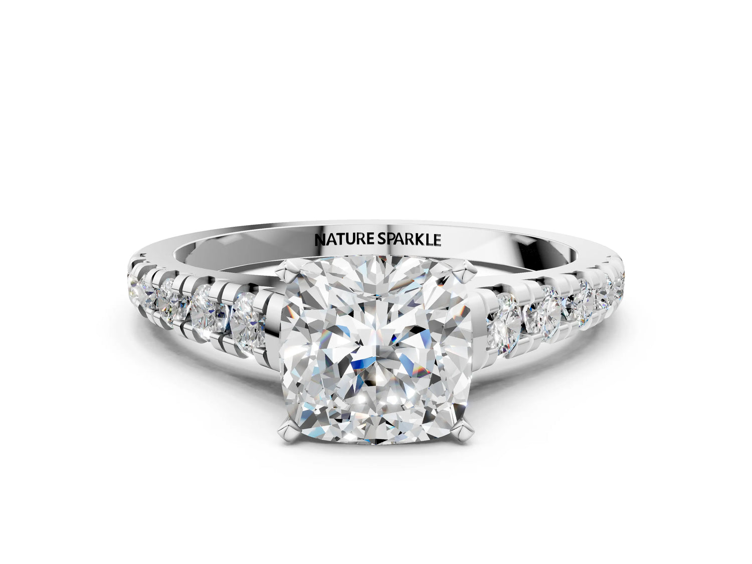 Cushion Cut Diamond Vintage Scroll Solitaire Ring in White gold with Graduated Round Side Stones_18