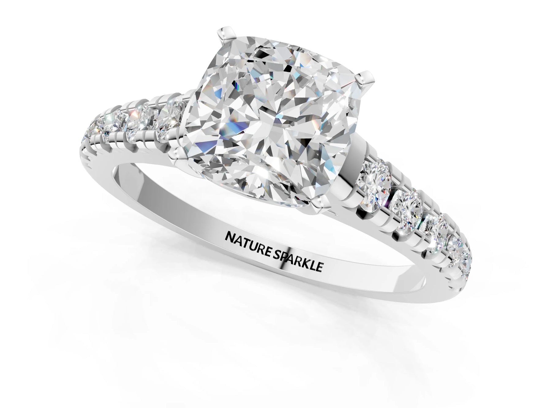 Cushion Cut Diamond Vintage Scroll Solitaire Ring in White gold with Graduated Round Side Stones_19