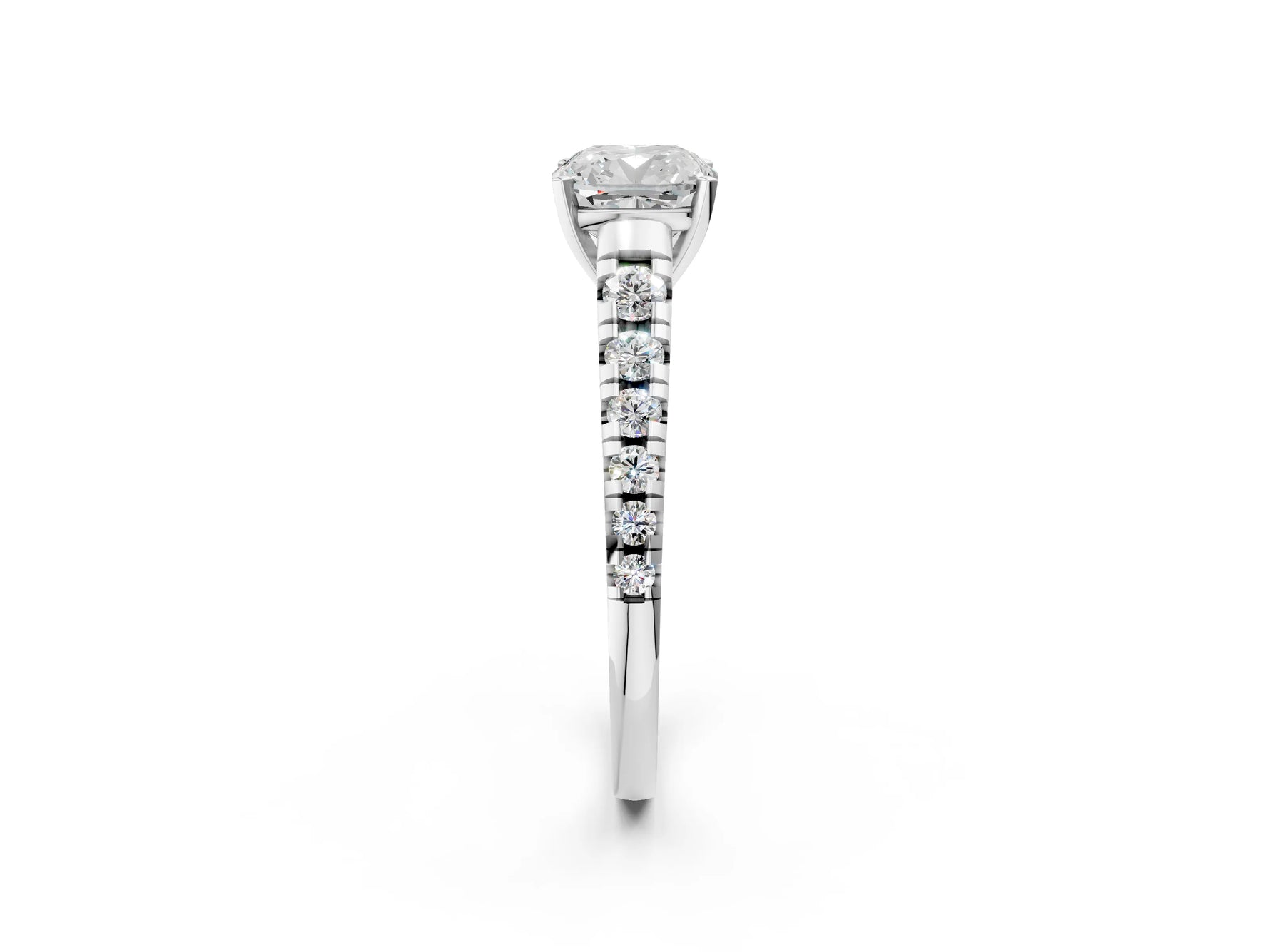 Cushion Cut Diamond Vintage Scroll Solitaire Ring in White gold with Graduated Round Side Stones_20