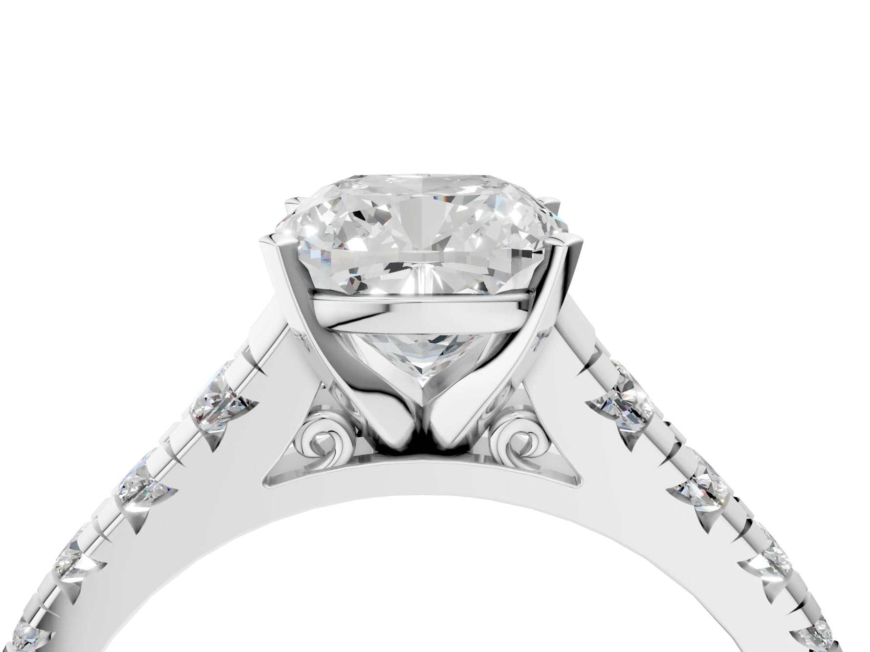 Cushion Cut Diamond Vintage Scroll Solitaire Ring in White gold with Graduated Round Side Stones_22