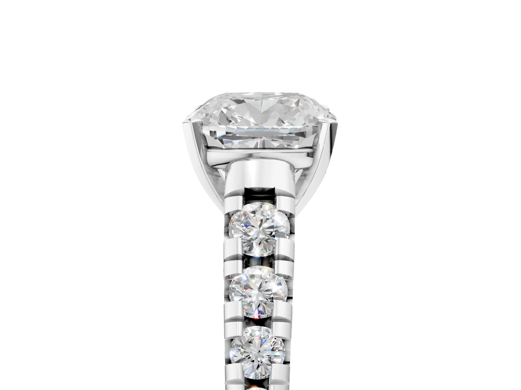 Cushion Cut Diamond Vintage Scroll Solitaire Ring in White gold with Graduated Round Side Stones_23