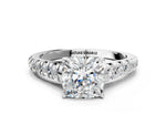 Cushion Cut Diamond Vintage Scroll Solitaire Ring in White gold with Graduated Round Side Stones_6