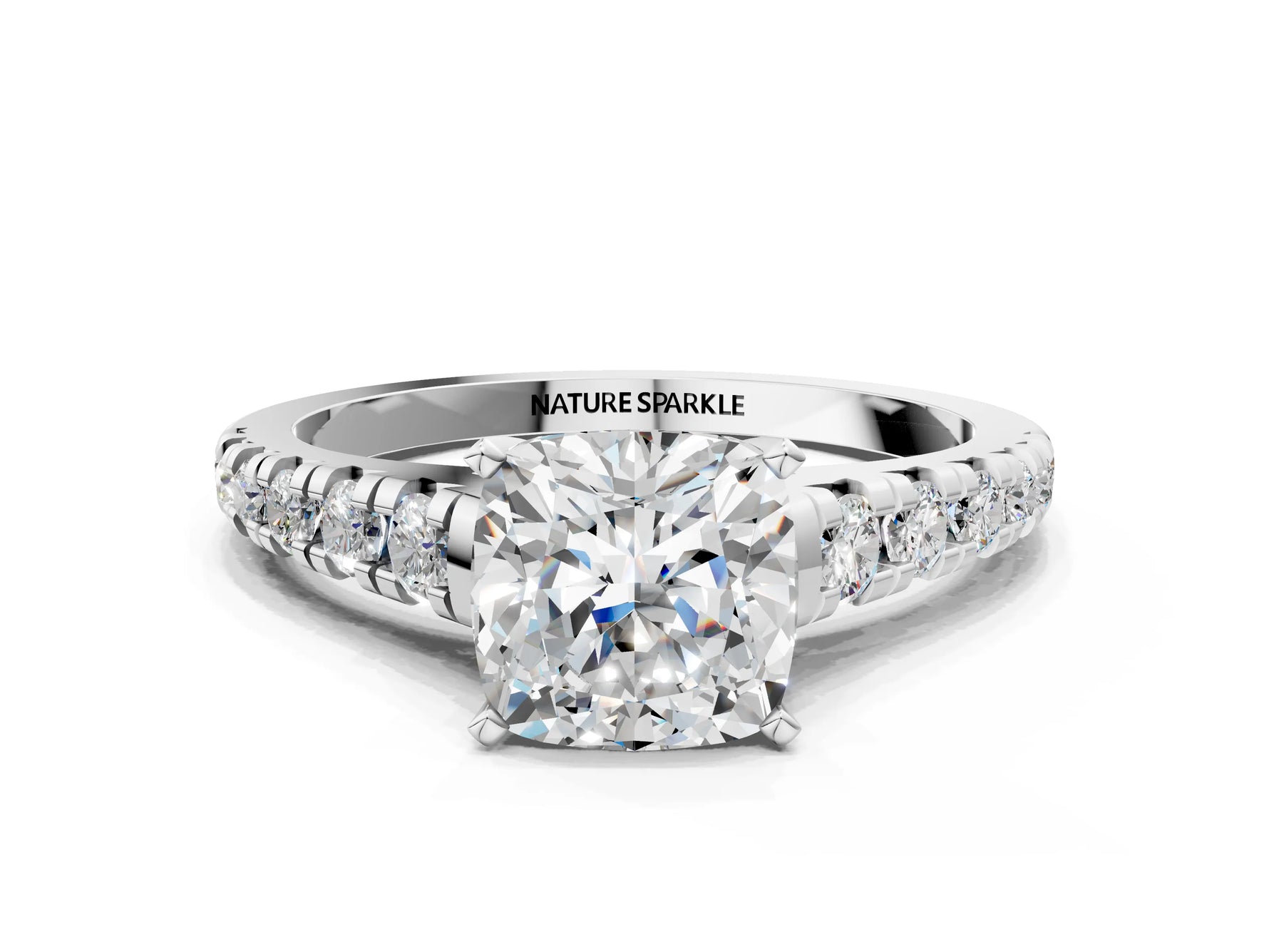 Cushion Cut Diamond Vintage Scroll Solitaire Ring in White gold with Graduated Round Side Stones_6