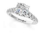 Cushion Cut Diamond Vintage Scroll Solitaire Ring in White gold with Graduated Round Side Stones_7