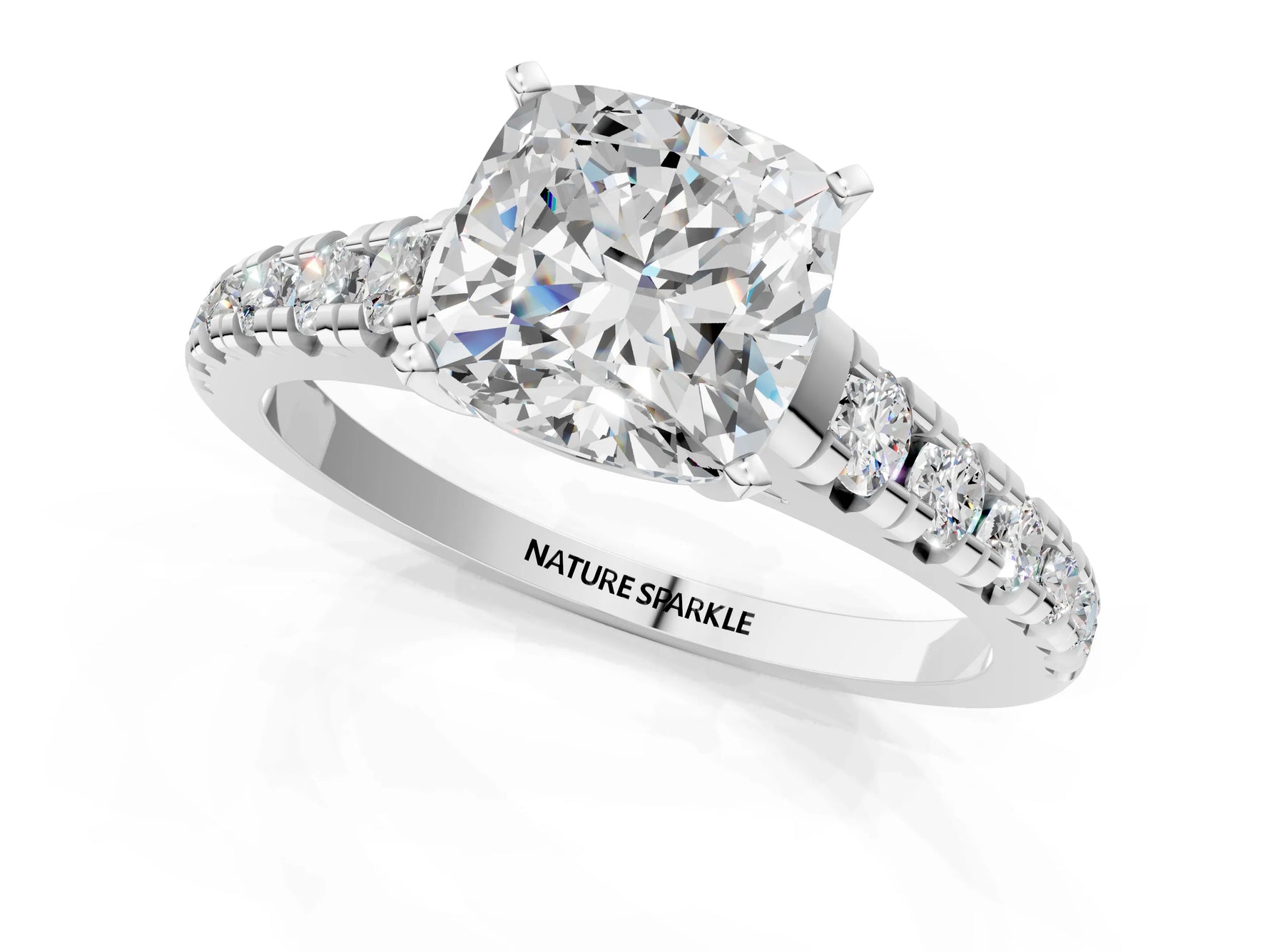 Cushion Cut Diamond Vintage Scroll Solitaire Ring in White gold with Graduated Round Side Stones_7