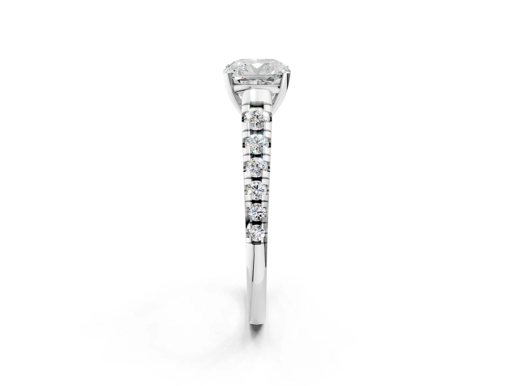 Cushion Cut Diamond Vintage Scroll Solitaire Ring in White gold with Graduated Round Side Stones_8