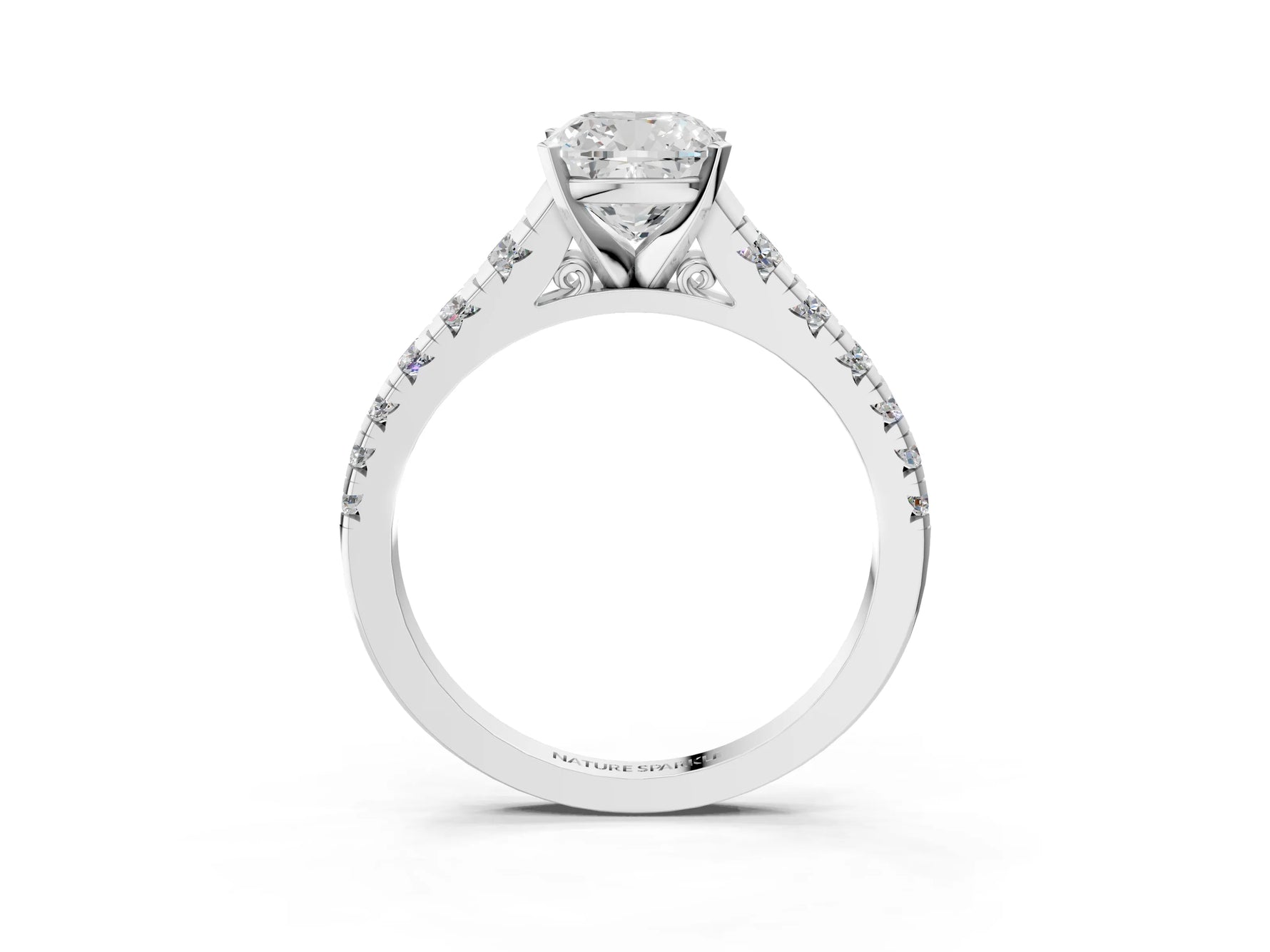 Cushion Cut Diamond Vintage Scroll Solitaire Ring in White gold with Graduated Round Side Stones_9