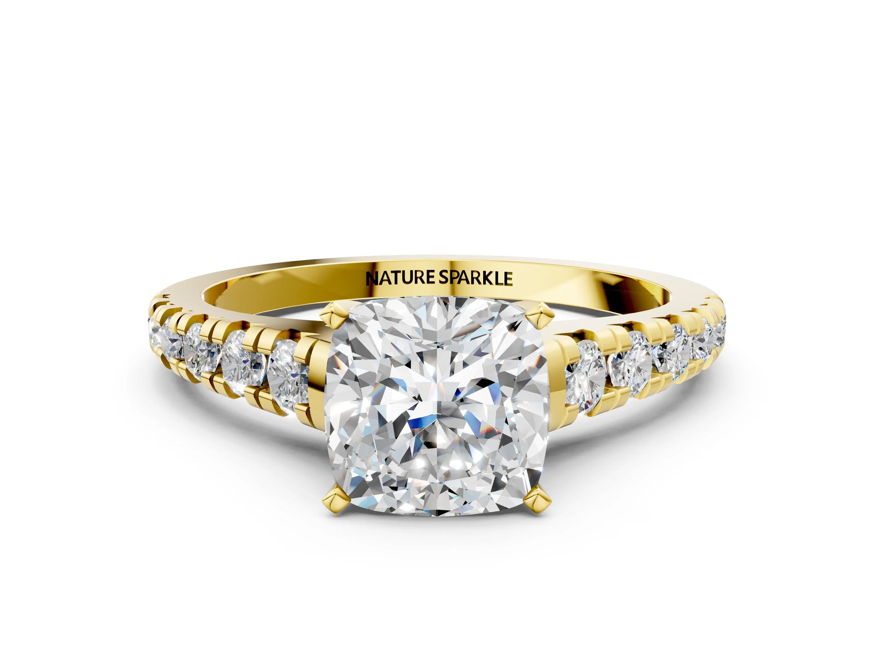 Cushion Cut Diamond Vintage Scroll Solitaire Ring in Yellow gold with Graduated Round Side Stones_12