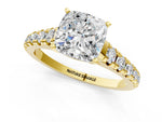 Cushion Cut Diamond Vintage Scroll Solitaire Ring in Yellow gold with Graduated Round Side Stones_13