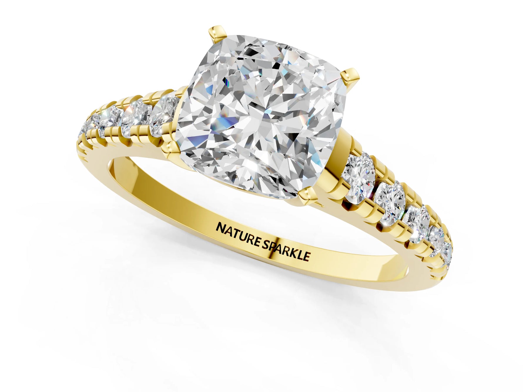 Cushion Cut Diamond Vintage Scroll Solitaire Ring in Yellow gold with Graduated Round Side Stones_13