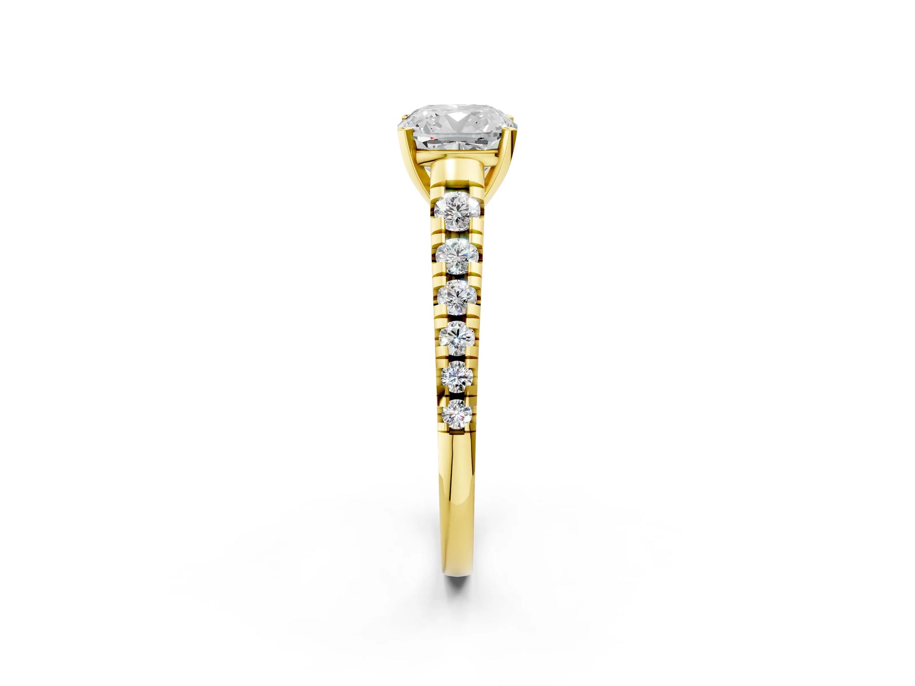 Cushion Cut Diamond Vintage Scroll Solitaire Ring in Yellow gold with Graduated Round Side Stones_14