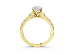 Cushion Cut Diamond Vintage Scroll Solitaire Ring in Yellow gold with Graduated Round Side Stones_15
