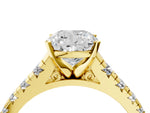 Cushion Cut Diamond Vintage Scroll Solitaire Ring in Yellow gold with Graduated Round Side Stones_16