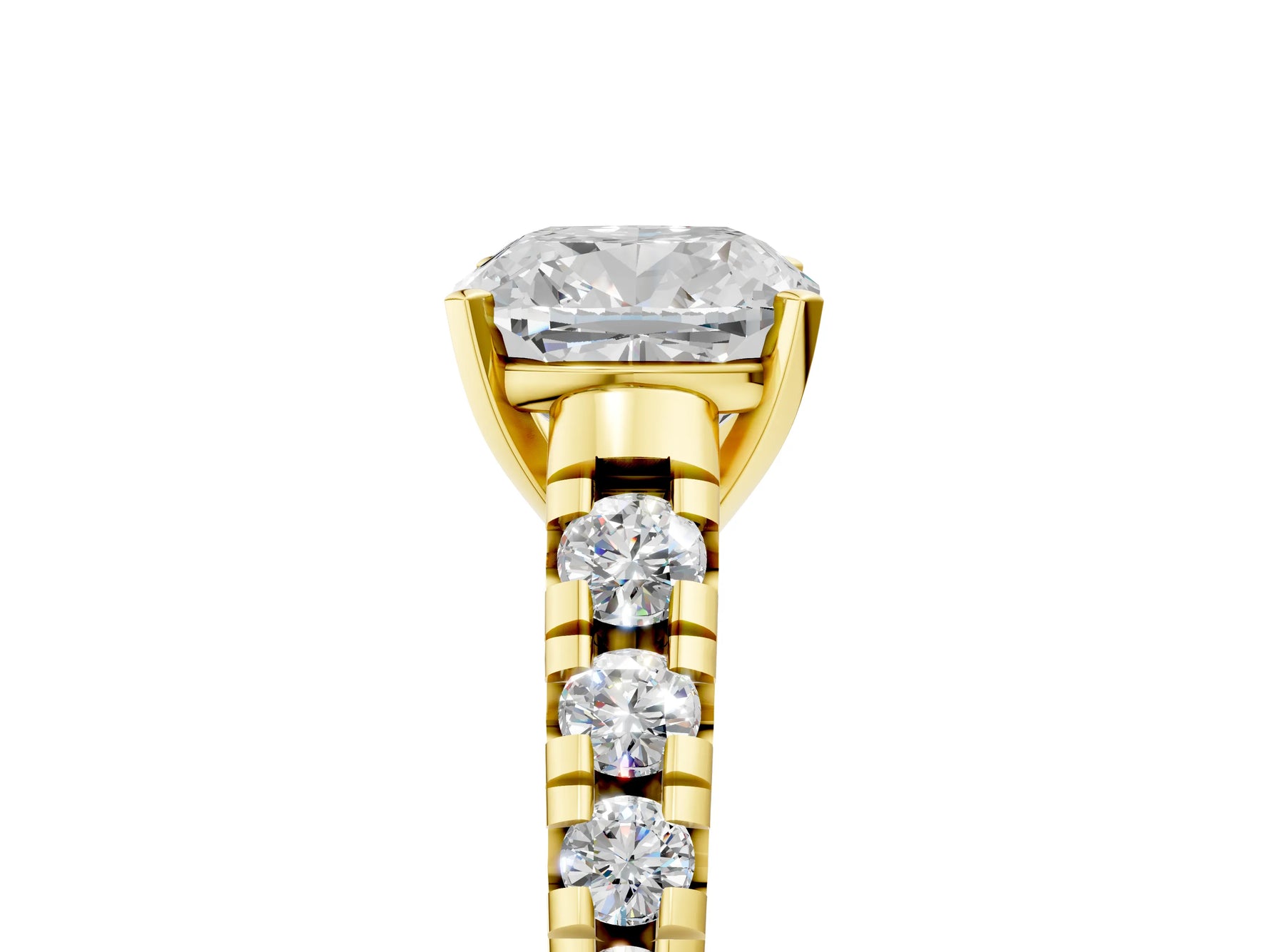 Cushion Cut Diamond Vintage Scroll Solitaire Ring in Yellow gold with Graduated Round Side Stones_17