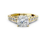 Cushion Cut Diamond Vintage Scroll Solitaire Ring in Yellow gold with Graduated Round Side Stones_24