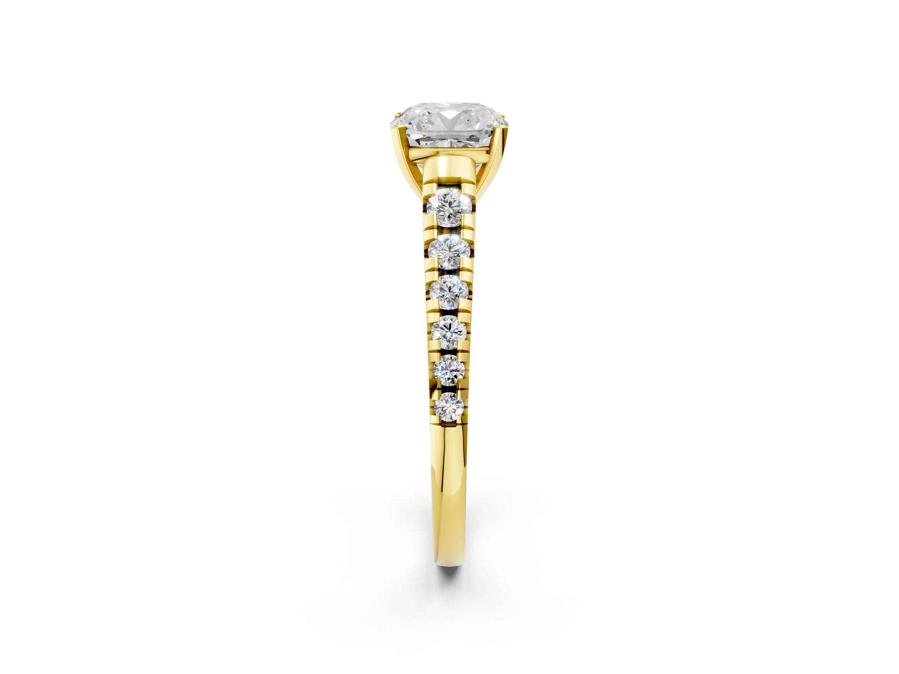 Cushion Cut Diamond Vintage Scroll Solitaire Ring in Yellow gold with Graduated Round Side Stones_26