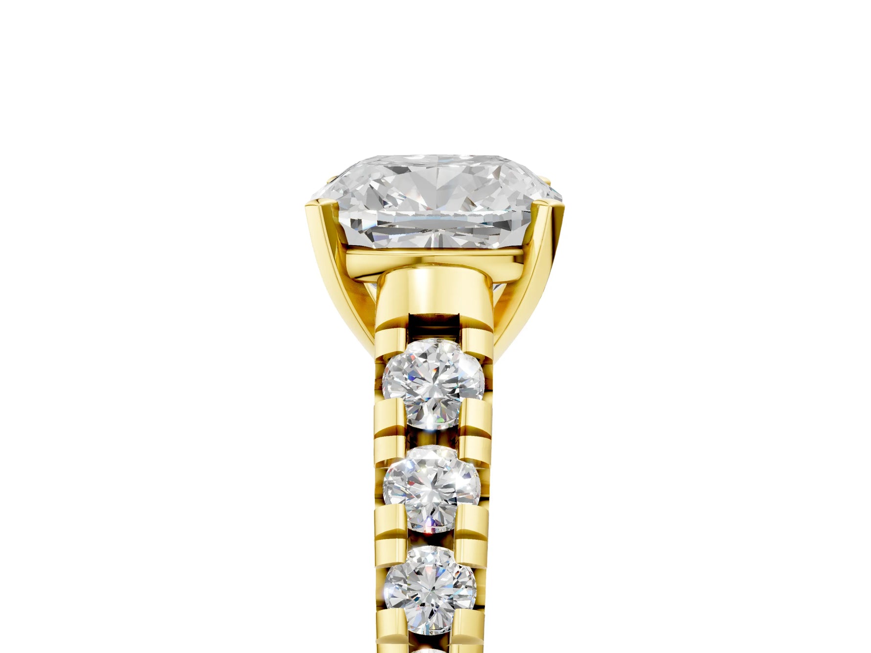 Cushion Cut Diamond Vintage Scroll Solitaire Ring in Yellow gold with Graduated Round Side Stones_29