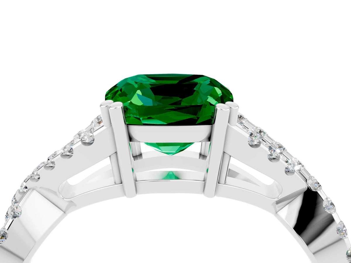 Cushion Cut Emerald Solitaire Ring in Platinum with Interwoven Pavé Band and Prong Setting_10
