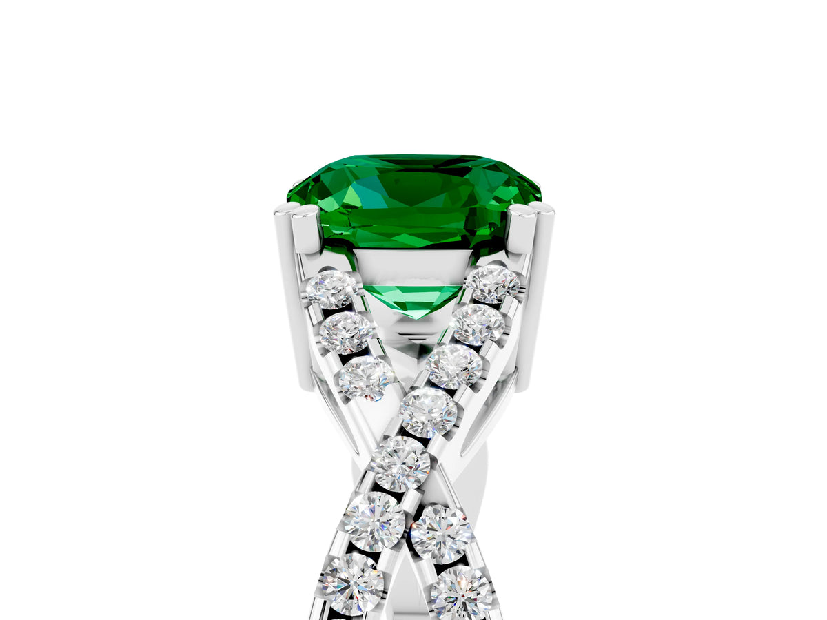 Cushion Cut Emerald Solitaire Ring in Platinum with Interwoven Pavé Band and Prong Setting_11