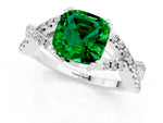 Cushion Cut Emerald Solitaire Ring in Platinum with Interwoven Pavé Band and Prong Setting_7