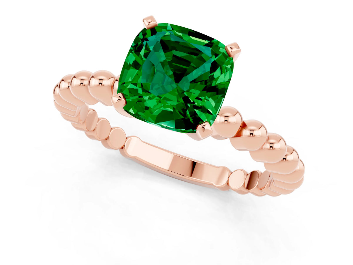 Cushion Cut Emerald Solitaire Ring in Rose gold with Textured Beaded Band and Prong Setting_1