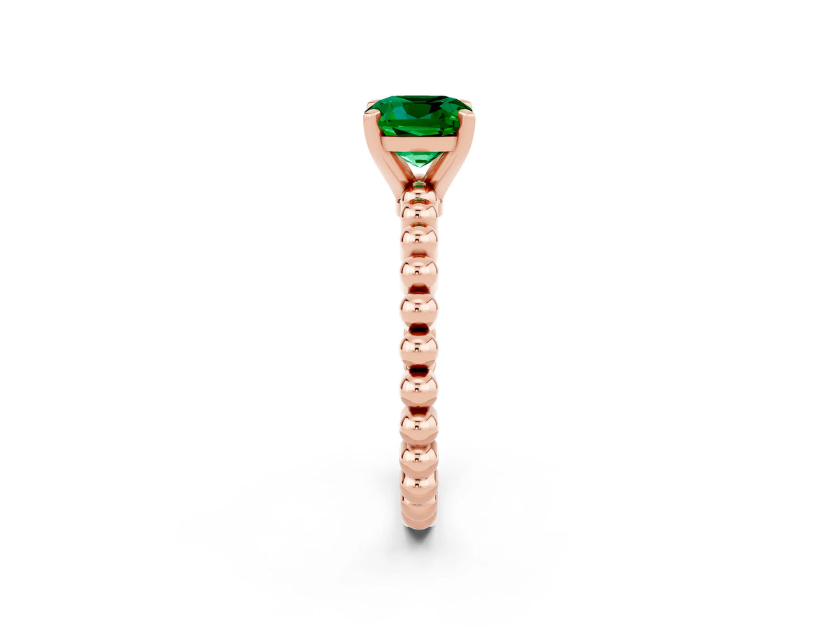Cushion Cut Emerald Solitaire Ring in Rose gold with Textured Beaded Band and Prong Setting_2