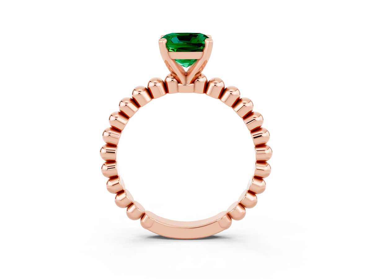 Cushion Cut Emerald Solitaire Ring in Rose gold with Textured Beaded Band and Prong Setting_3