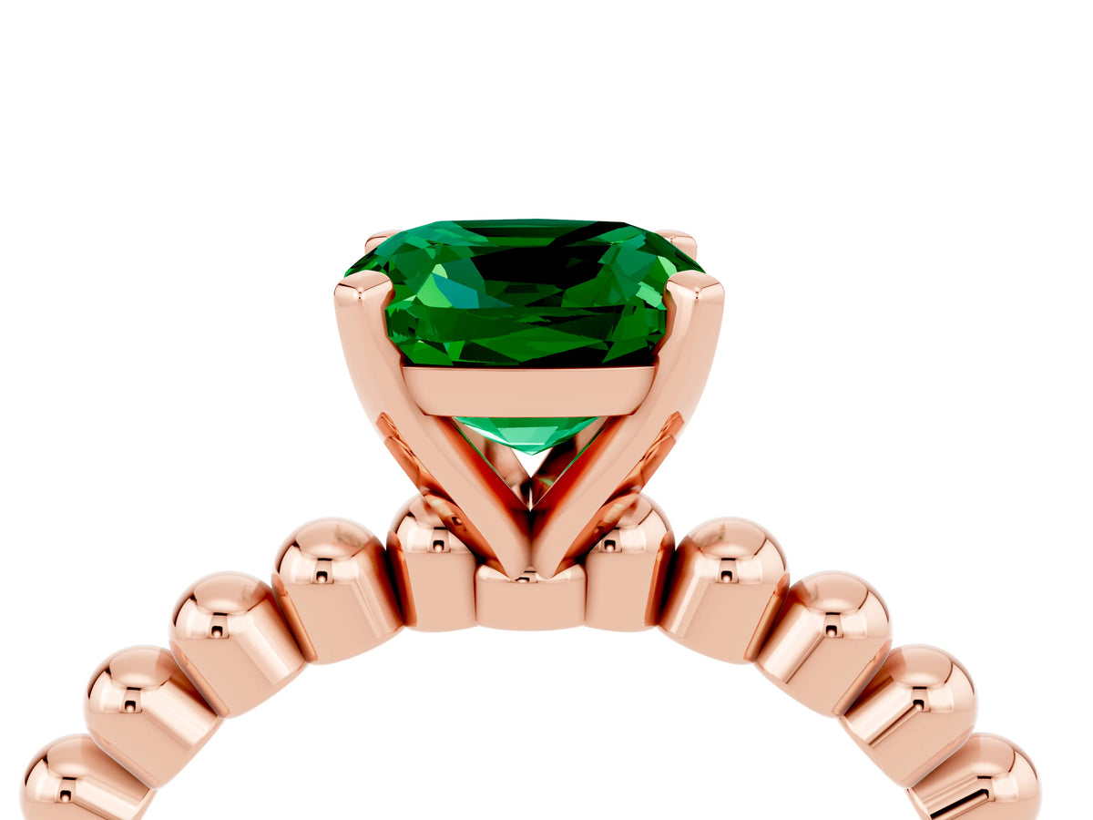 Cushion Cut Emerald Solitaire Ring in Rose gold with Textured Beaded Band and Prong Setting_4