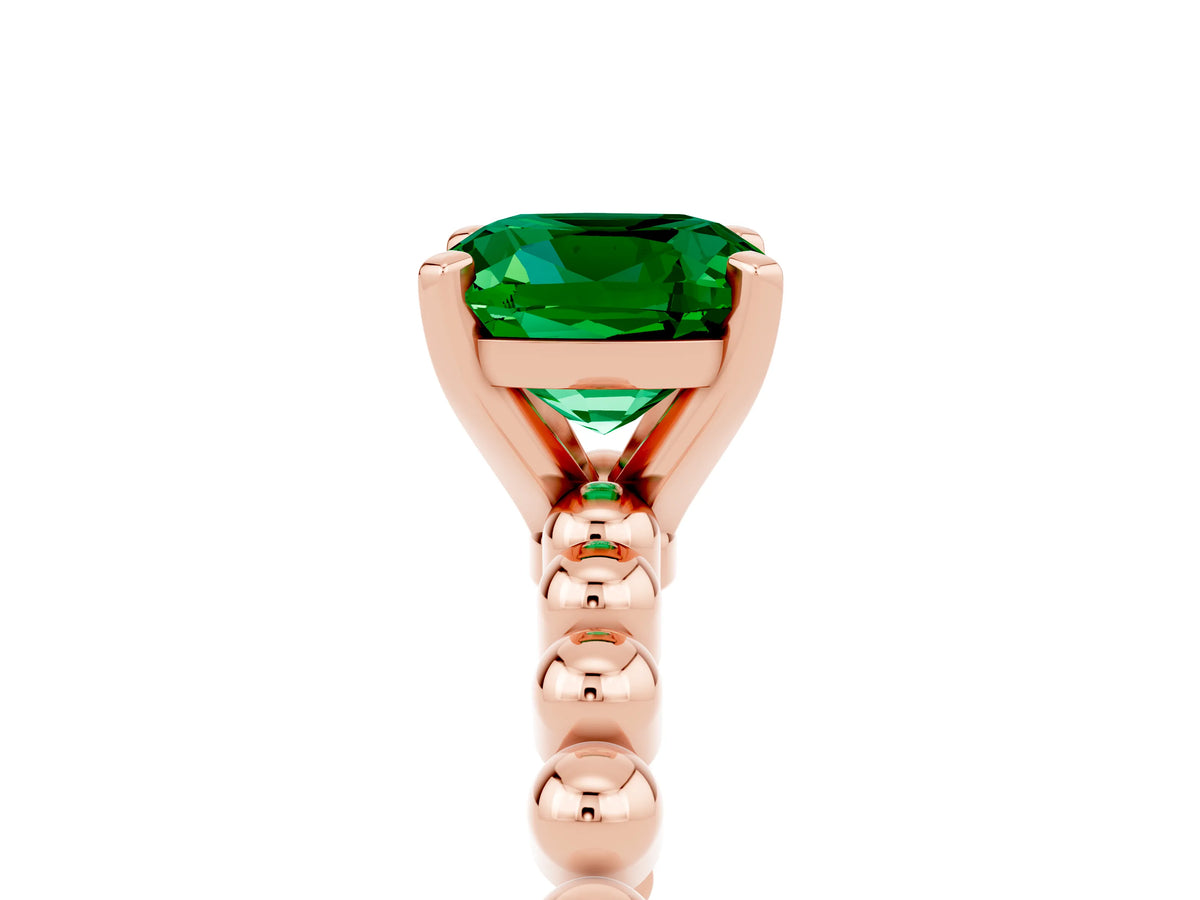 Cushion Cut Emerald Solitaire Ring in Rose gold with Textured Beaded Band and Prong Setting_5