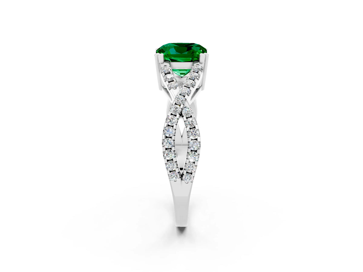Cushion Cut Emerald Solitaire Ring in Silver with Interwoven Pavé Band and Prong Setting_8