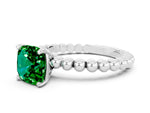 Cushion Cut Emerald Solitaire Ring in Silver with Textured Beaded Band and Prong Setting