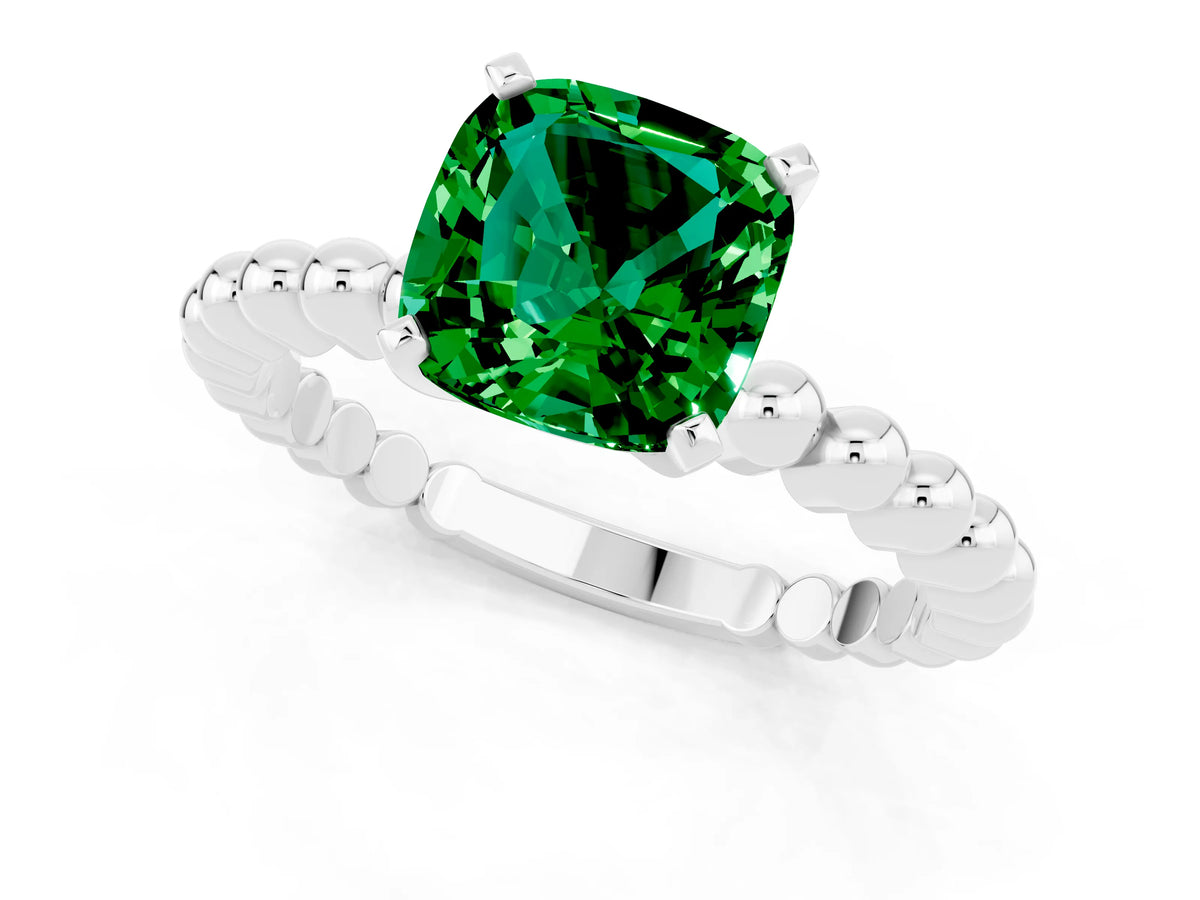 Cushion Cut Emerald Solitaire Ring in Silver with Textured Beaded Band and Prong Setting_1