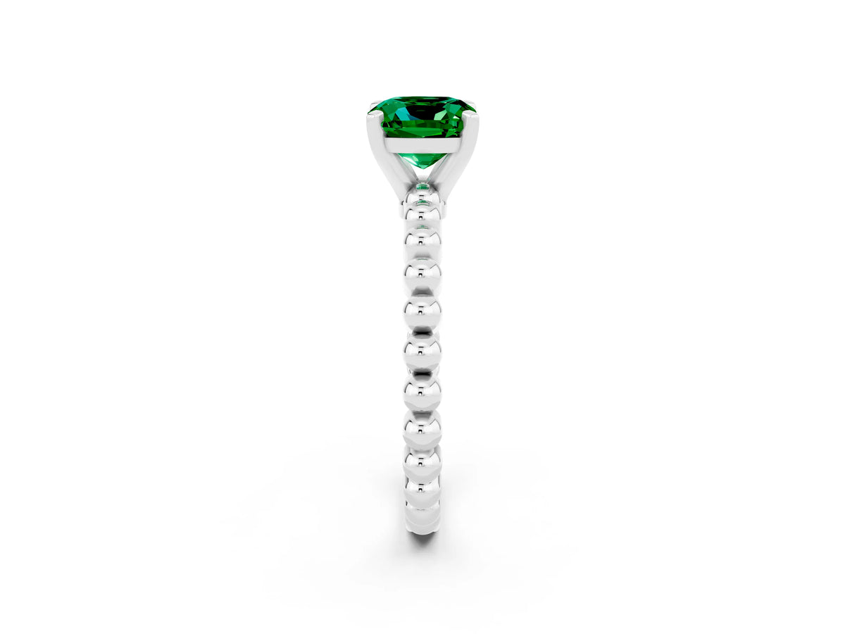 Cushion Cut Emerald Solitaire Ring in Silver with Textured Beaded Band and Prong Setting_2